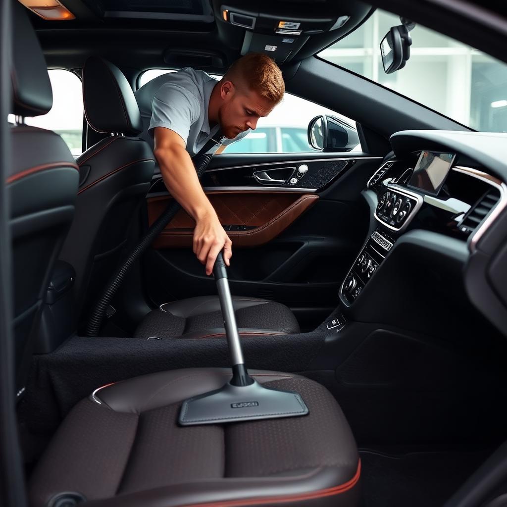 Vacuuming luxury car interior